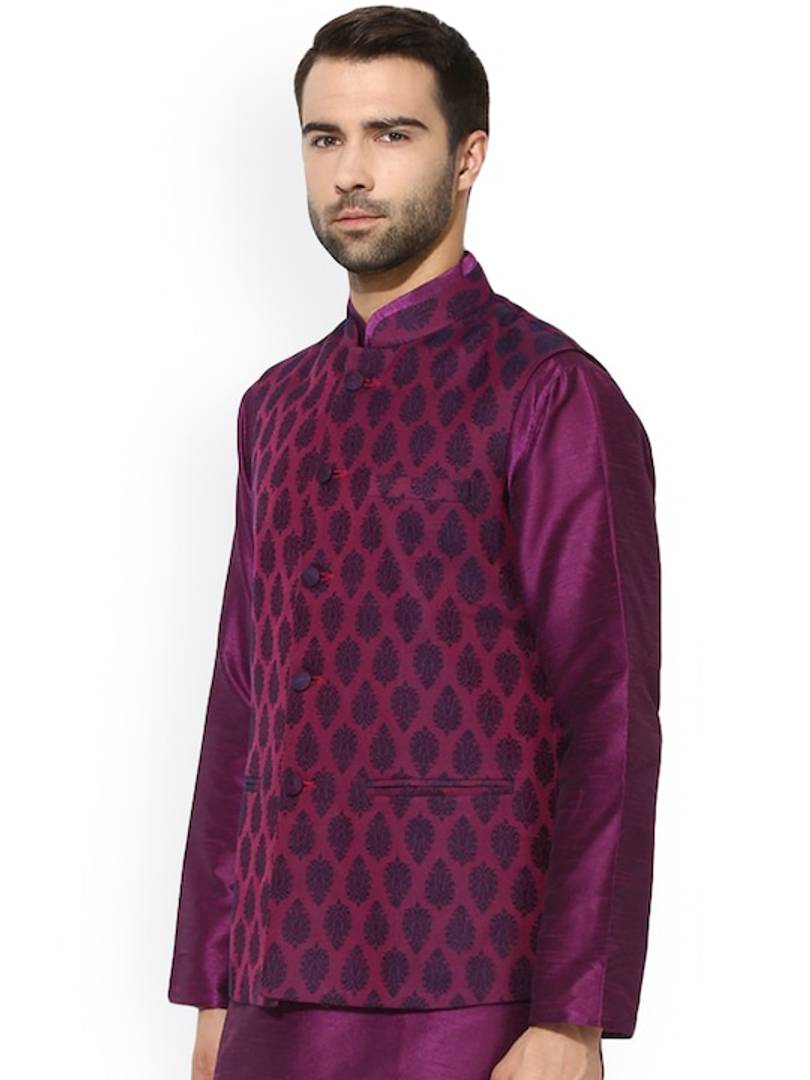 Men's Purple 
Silk Blend
 Woven Design Nehru Jackets